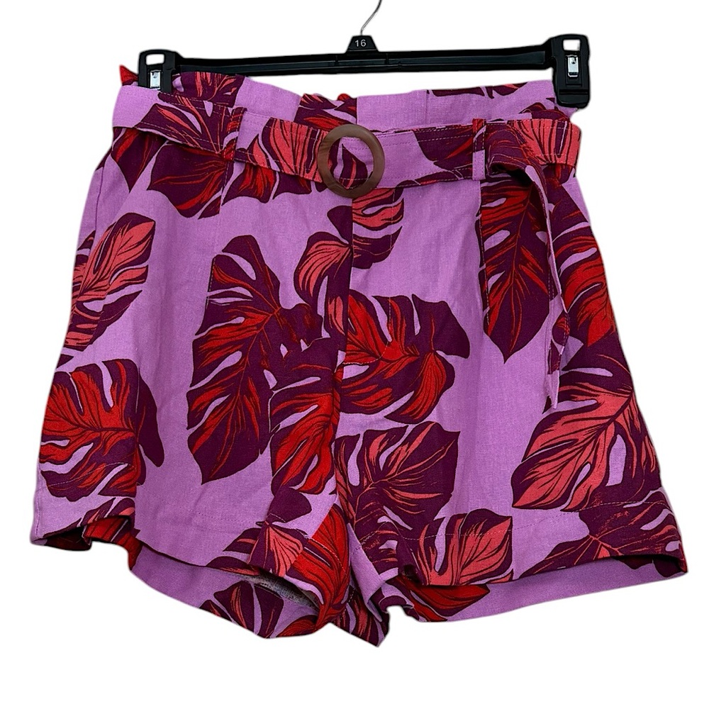 NWT Sofia Vergara purple coral palm leaf linen blend belted shorts size medium